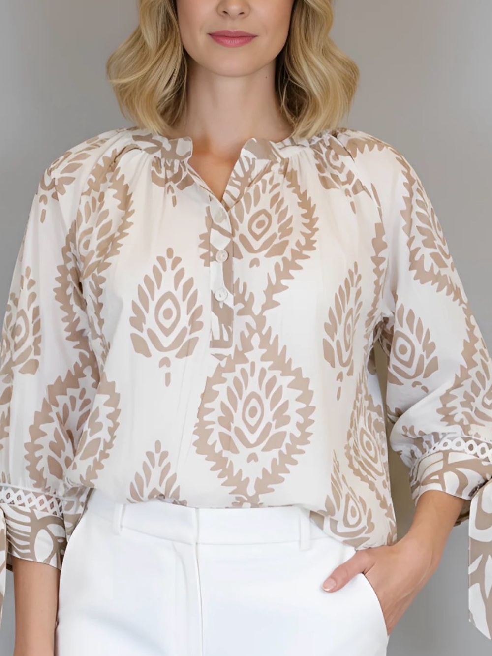 Chic Beige Patterned Women's Blouse